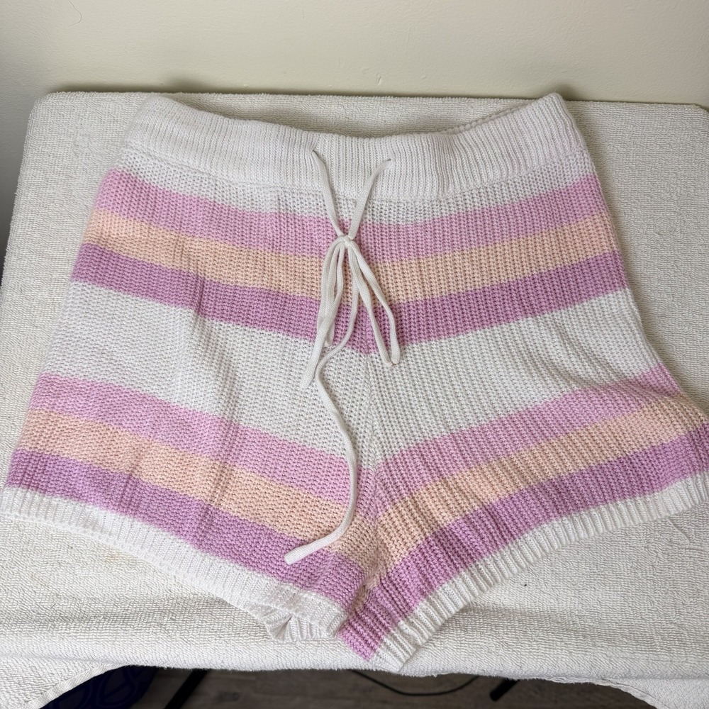 Pink Lily Shorts Womens S Crochet Knit Drawstring White Pink Stripe Retro Beach